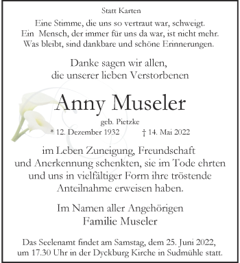 Anzeige von Anny Museler 