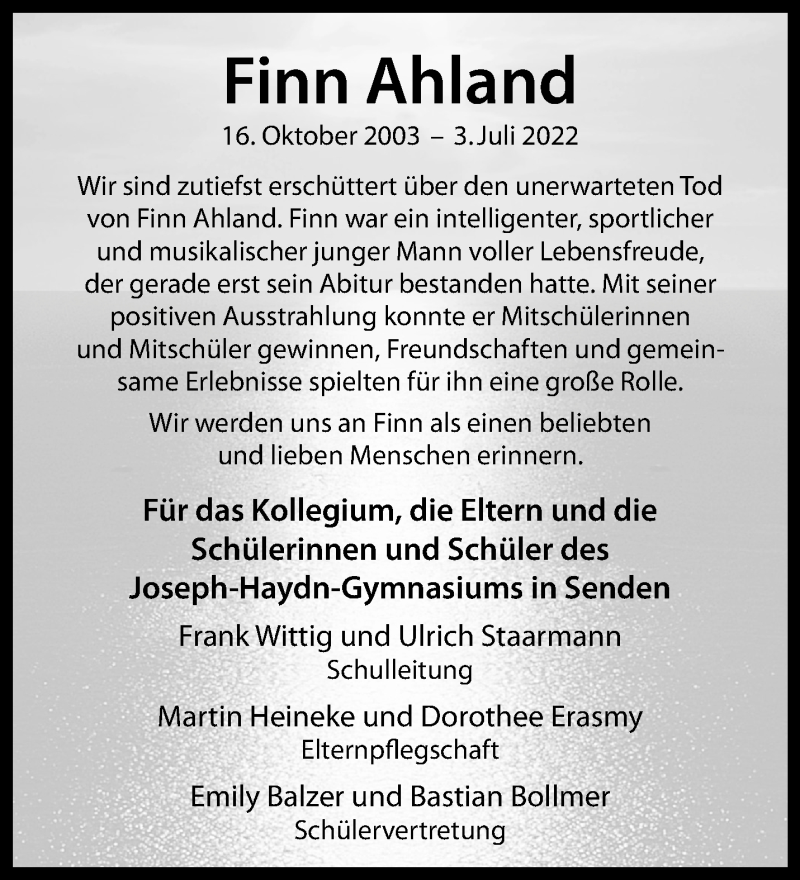  Traueranzeige für Finn Ahland vom 11.07.2022 aus 