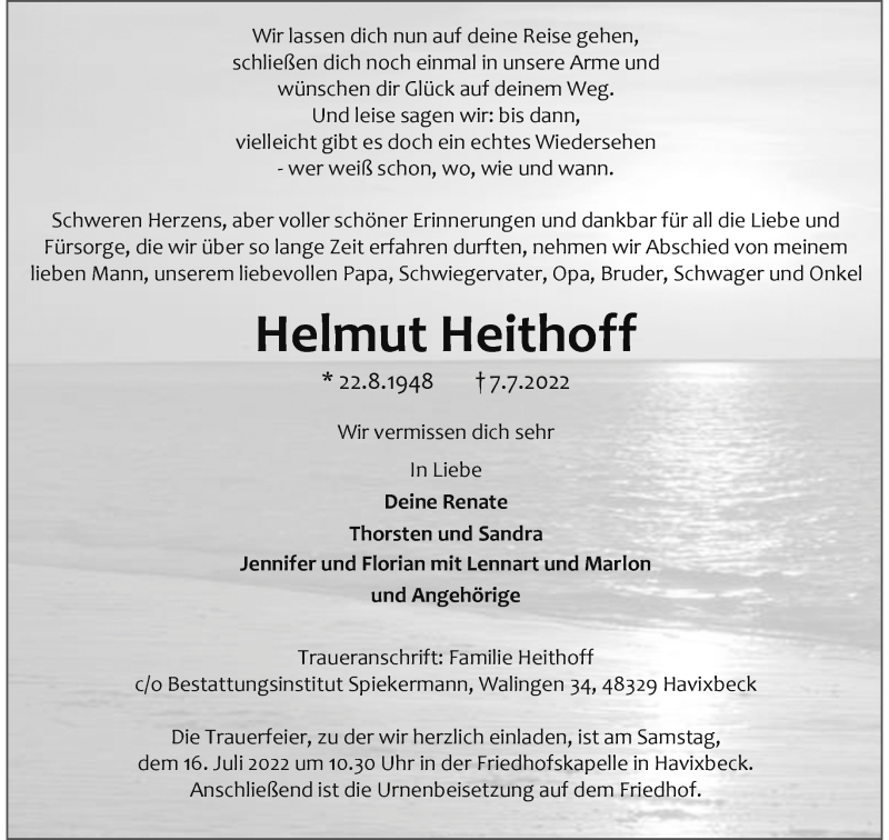  Traueranzeige für Helmut Heithoff vom 13.07.2022 aus 