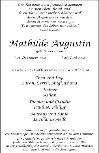 Anzeige von Mathilde Augustin 