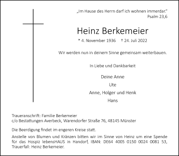 Anzeige von Heinz Berkemeier 