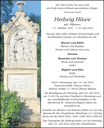 Anzeige von Hedwig Hüwe 