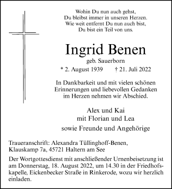 Anzeige von Ingrid Benen 