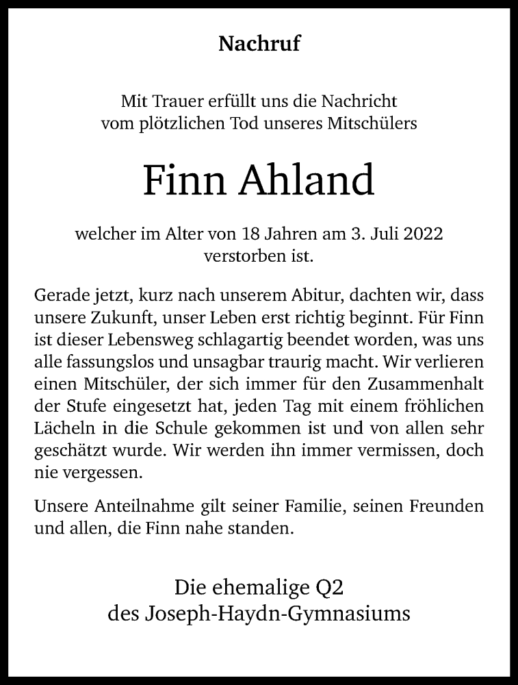  Traueranzeige für Finn Ahland vom 09.07.2022 aus 