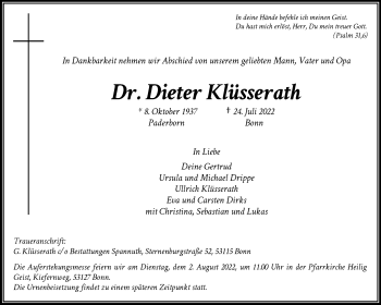 Anzeige von Dieter Klüsserath 