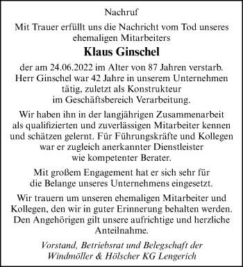 Anzeige von Klaus Ginschel 