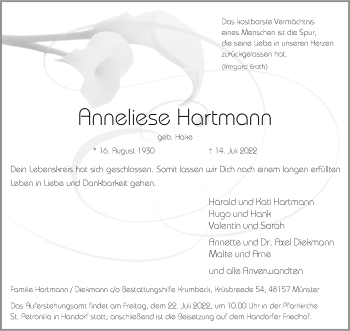 Anzeige von Anneliese Hartmann 