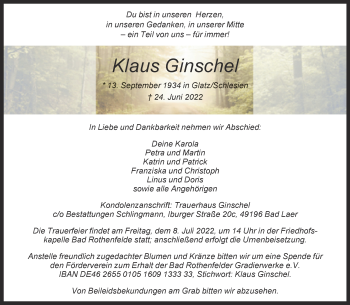 Anzeige von Klaus Ginschel 