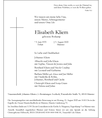 Anzeige von Elisabeth Kliem 