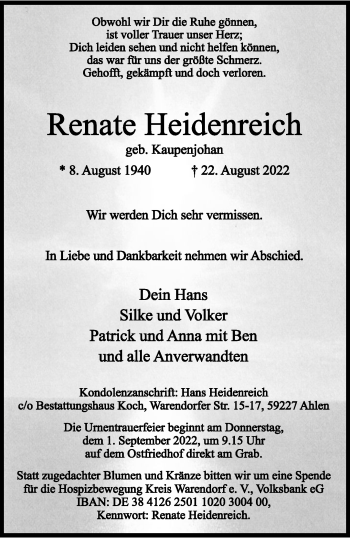 Anzeige von Renate Heidenreich 