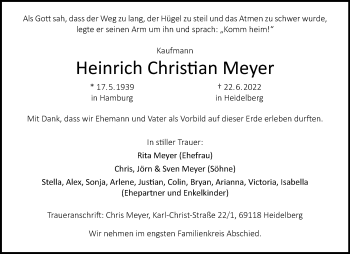 Anzeige von Heinrich Christian Meyer 