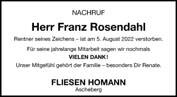 Anzeige von Franz Rosendahl 