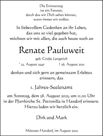 Anzeige von Renate Pauluweit 