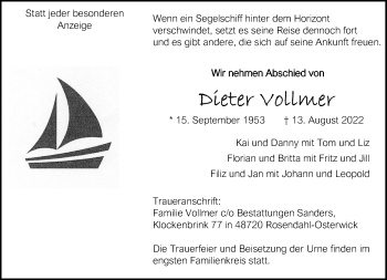 Anzeige von Dieter Vollmer 