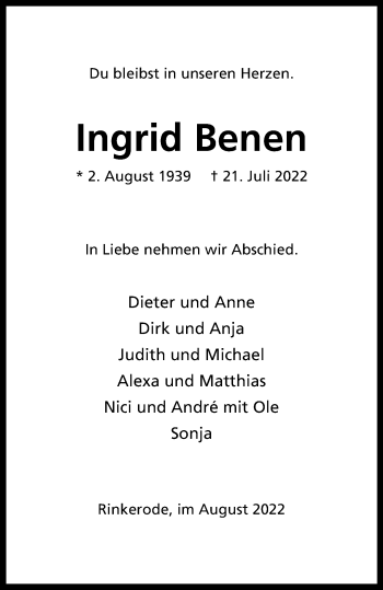 Anzeige von Ingrid Benen 