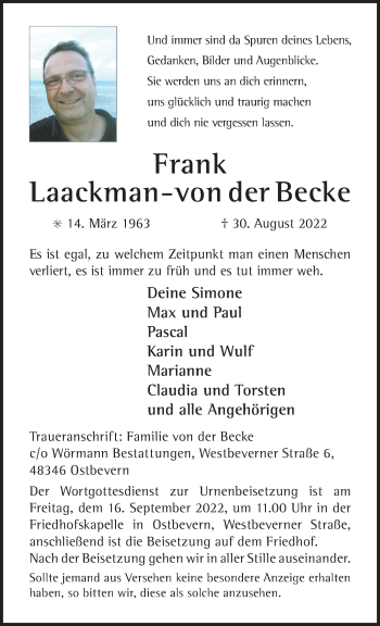 Anzeige von Frank Laackman-von der Becke 