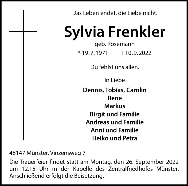  Traueranzeige für Sylvia Frenkler vom 24.09.2022 aus 