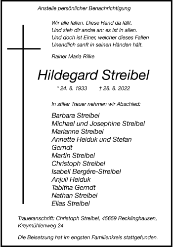 Anzeige von Hildegard Streibel 