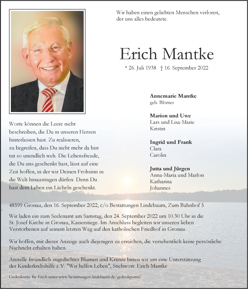  Traueranzeige für Erich Mantke vom 20.09.2022 aus 