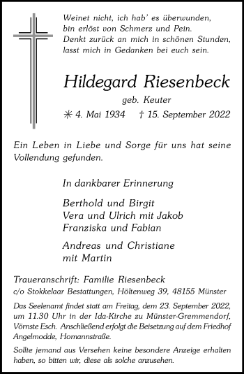 Anzeige von Hildegard Riesenbeck 