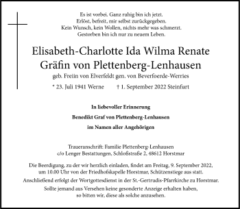 Anzeige von Elisabeth-Charlotte Ida Wilma Renate Gräfin von Plettenberg-Lenhausen 