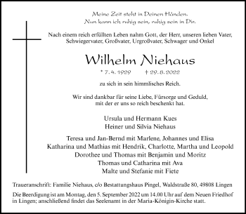 Anzeige von Wilhelm Niehaus 