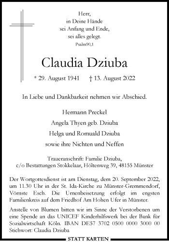 Anzeige von Claudia Dziuba 