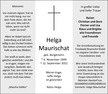 Anzeige von Helga Maurischat 