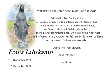 Anzeige von Franz Lahrkamp 