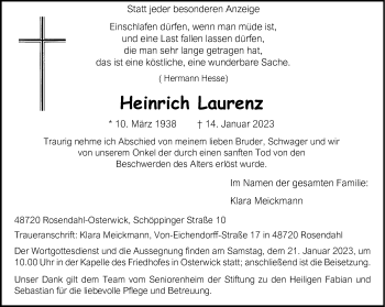 Anzeige von Heinrich Laurenz 