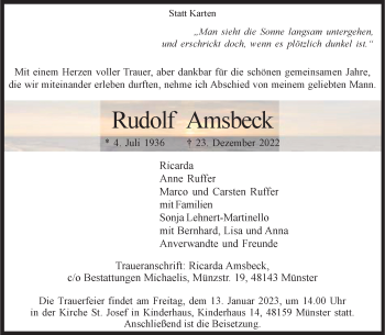 Anzeige von Rudolf Amsbeck 