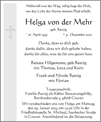 Anzeige von Helga von der Mehr 