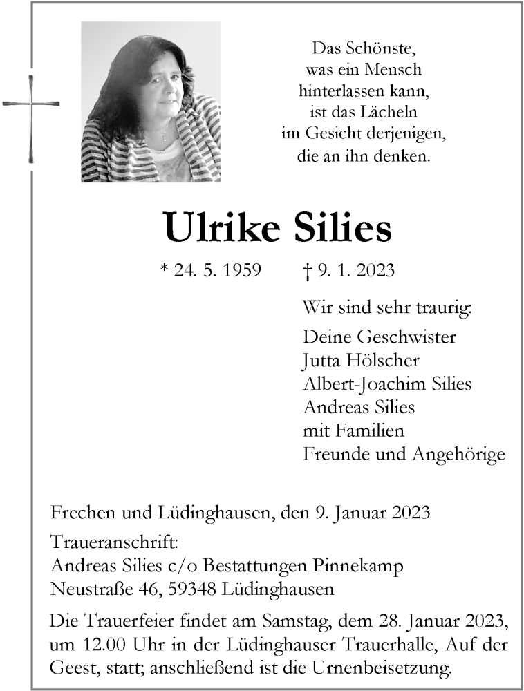  Traueranzeige für Ulrike Silies vom 21.01.2023 aus 