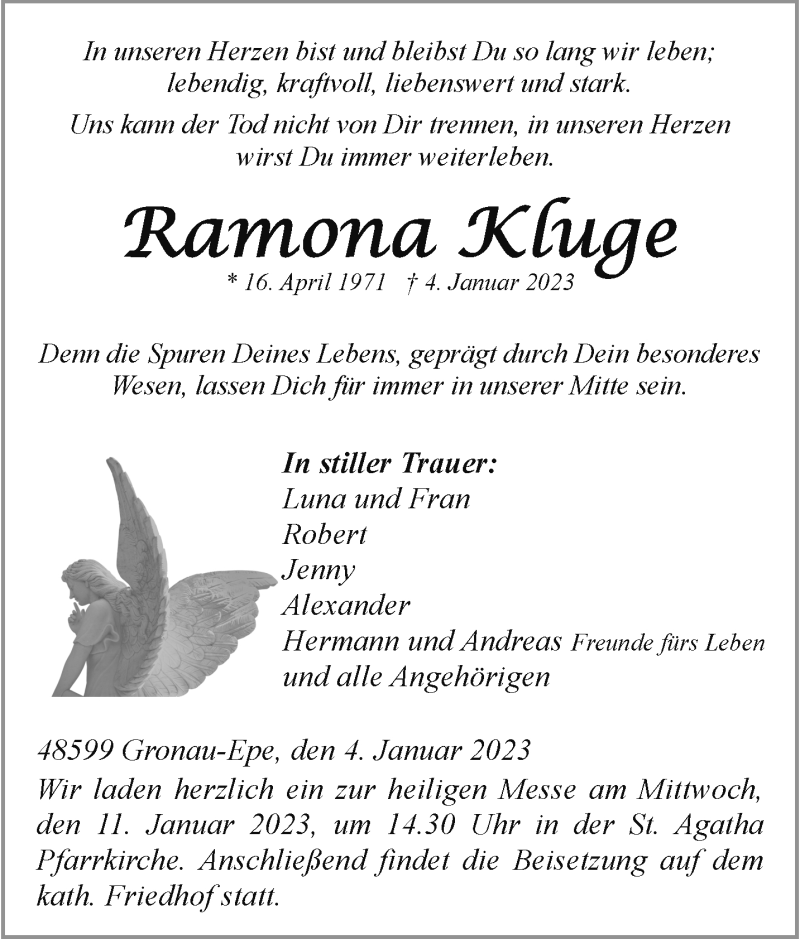  Traueranzeige für Ramona Kluge vom 07.01.2023 aus 