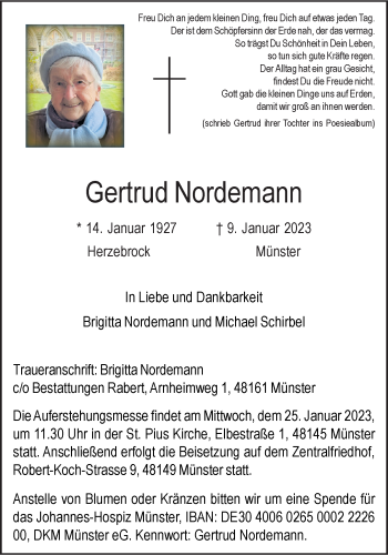 Anzeige von Gertrud Nordemann 