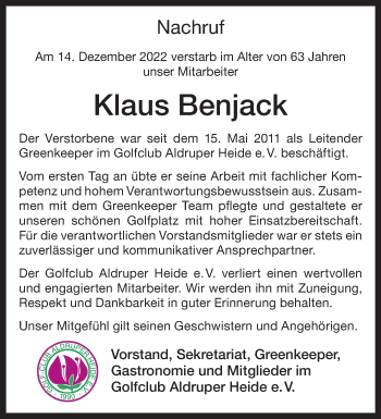 Anzeige von Klaus Benjack 