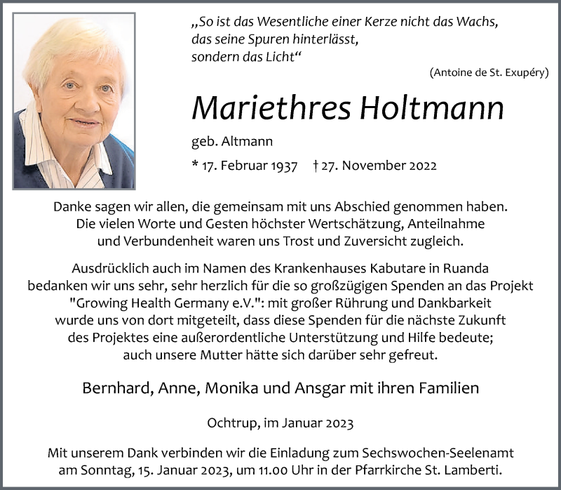 Traueranzeigen von Mariethres Holtmann | www.trauer.ms