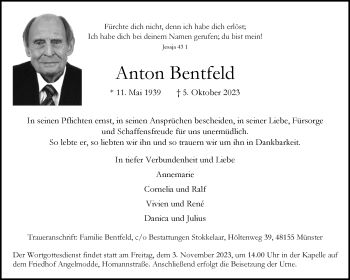 Anzeige von Anton Bentfeld 