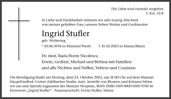 Anzeige von Ingrid Stufler 