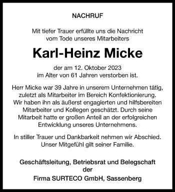 Anzeige von Karl-Heinz Micke 