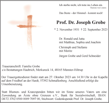 Anzeige von Prof. Dr. Joseph Grobe 