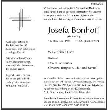 Anzeige von Josefa Bonhoff 