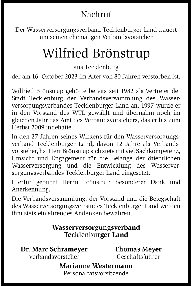  Traueranzeige für Wilfried Brönstrup vom 24.10.2023 aus 