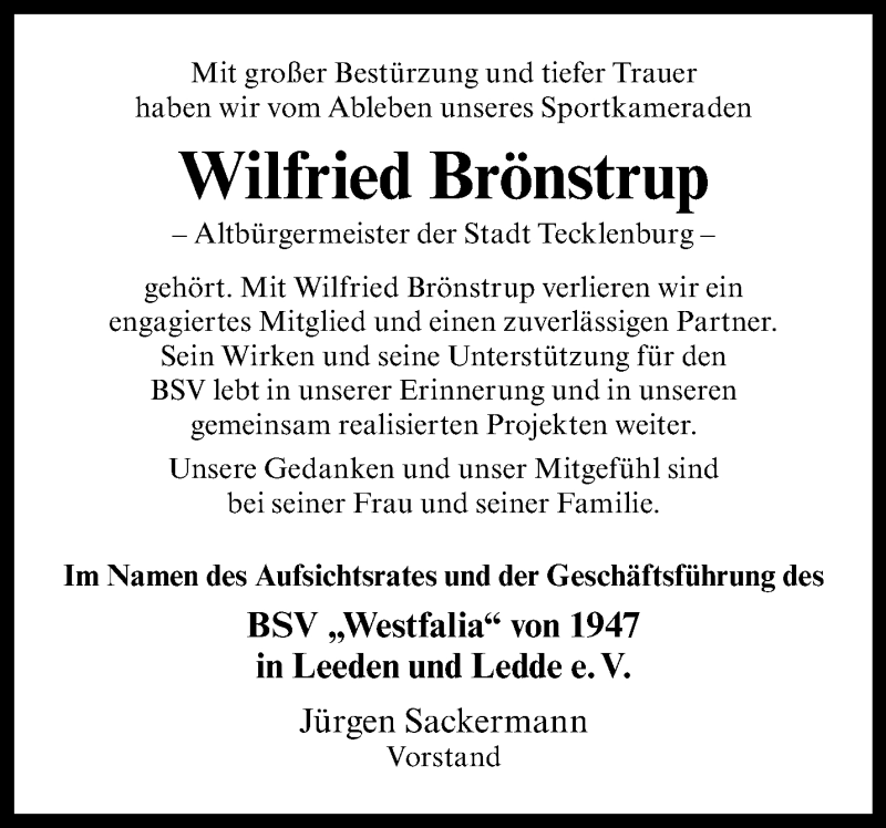  Traueranzeige für Wilfried Brönstrup vom 25.10.2023 aus 