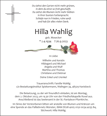 Anzeige von Hilla Wahlig 