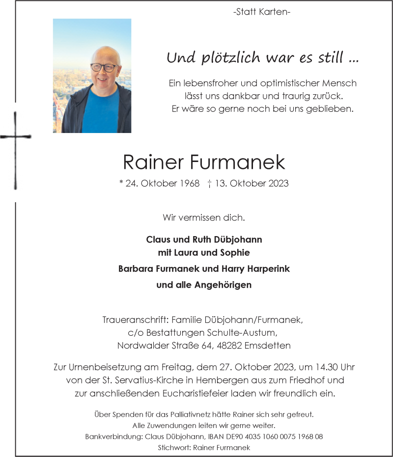  Traueranzeige für Rainer Furmanek vom 21.10.2023 aus 