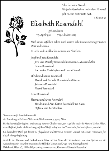 Anzeige von Elisabeth Rosendahl 