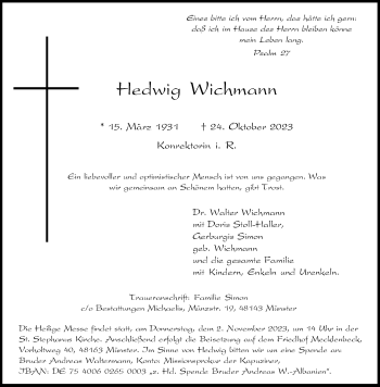 Anzeige von Hedwig Wichmann 