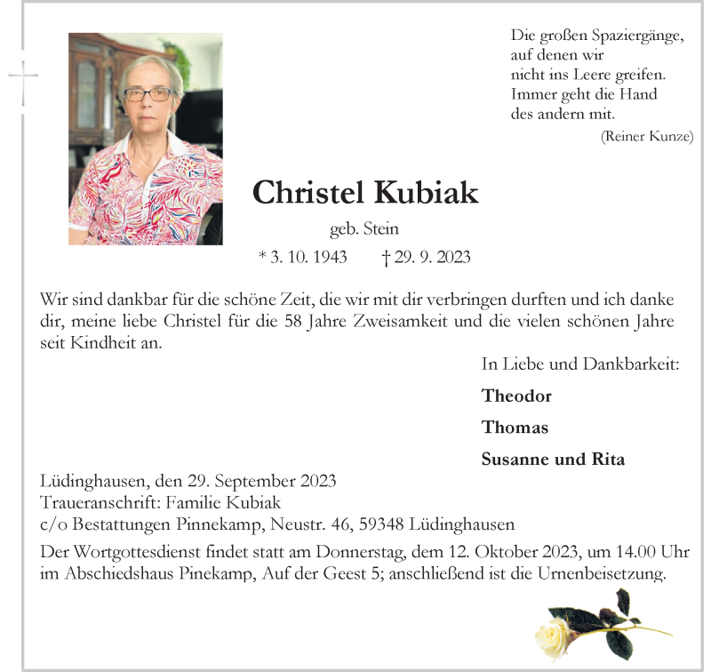  Traueranzeige für Christel Kubiak vom 07.10.2023 aus 