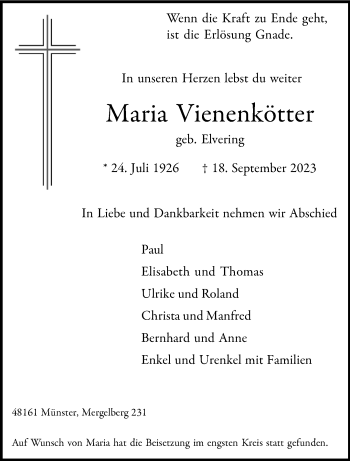 Anzeige von Maria Vienenkötter 